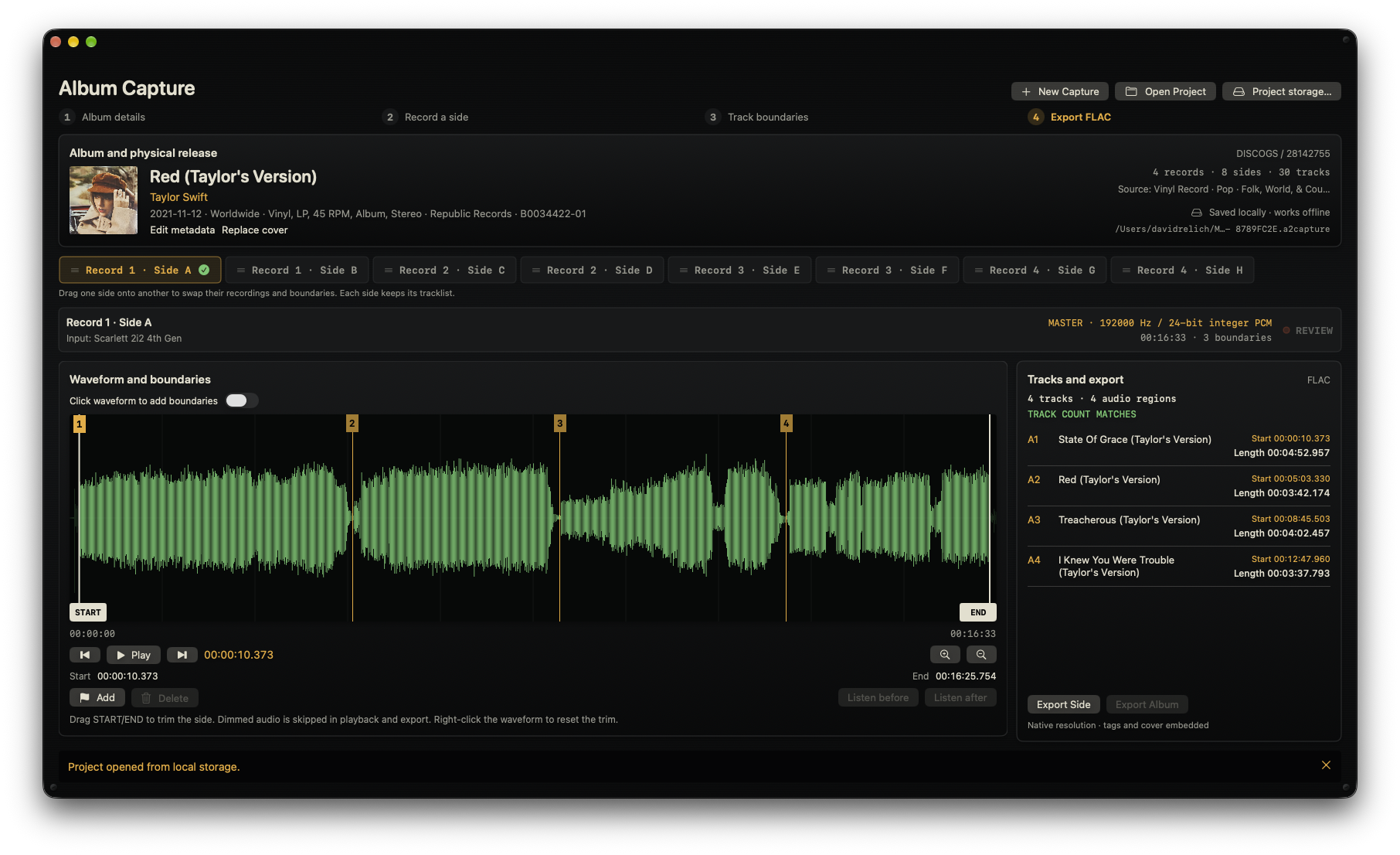 Album Capture workspace with album metadata, physical-side tabs, a waveform with track markers, and FLAC export controls