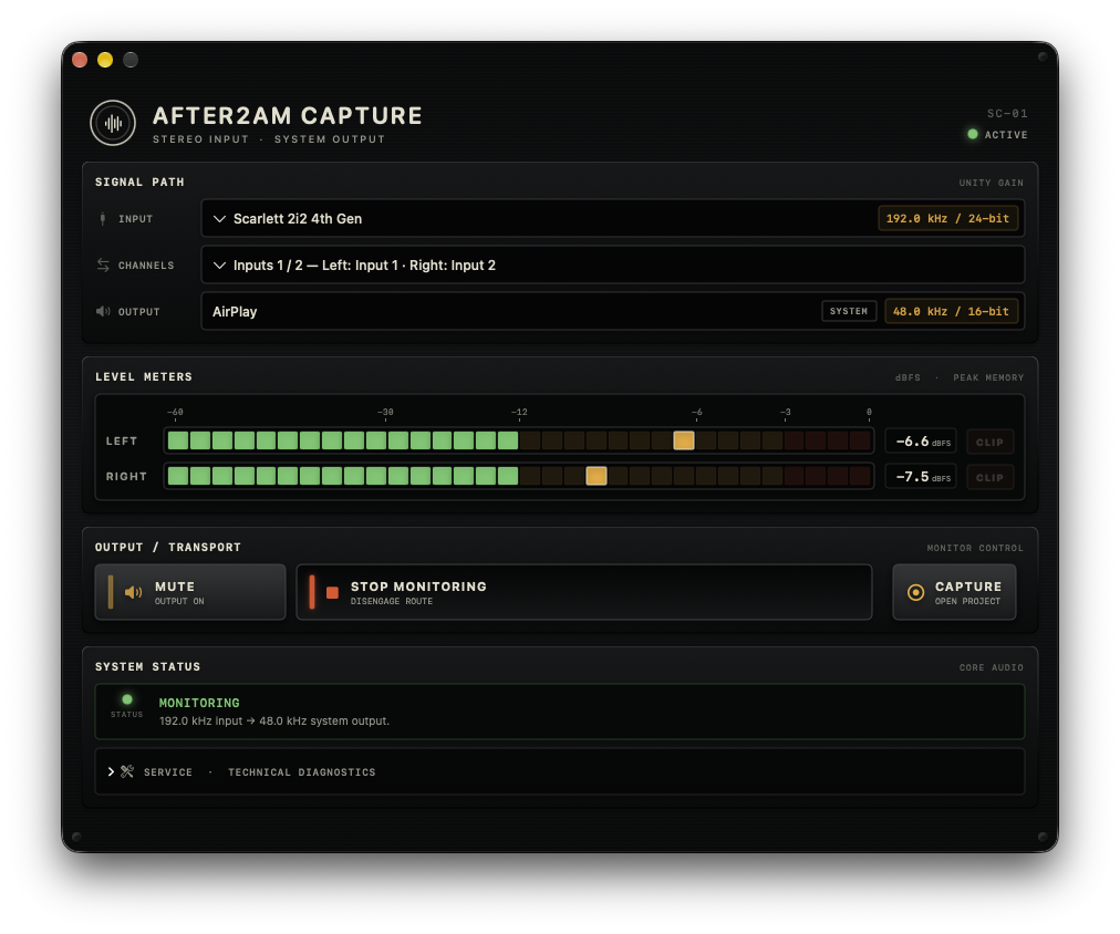 SC-01 monitoring window with a Scarlett stereo input, live LED level meters, monitoring controls, and the Capture button